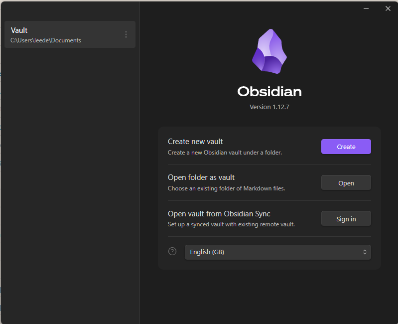 Obsidian startup: create a new vault